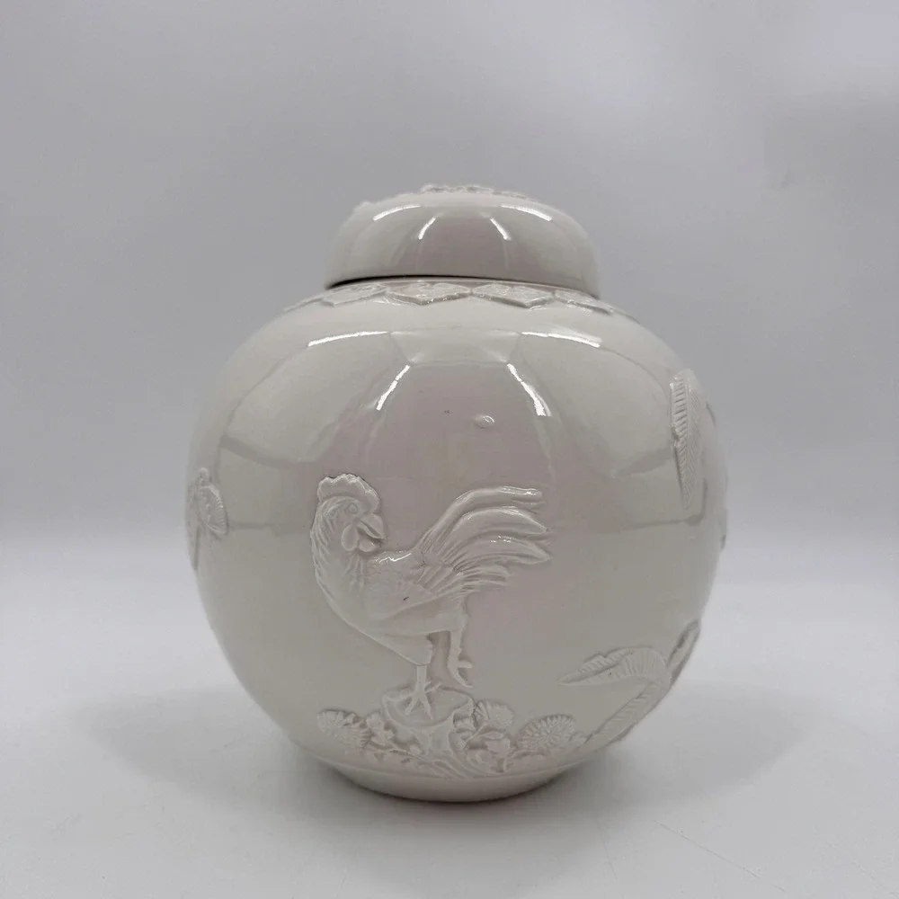 White Relief Porcelain Ginger Jar Rooster Floral Botanical Blanc de Chine